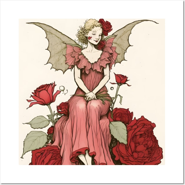 Rose Fairy Sitting Amid Rose Flowers Vintage Style Wall Art by designs4days